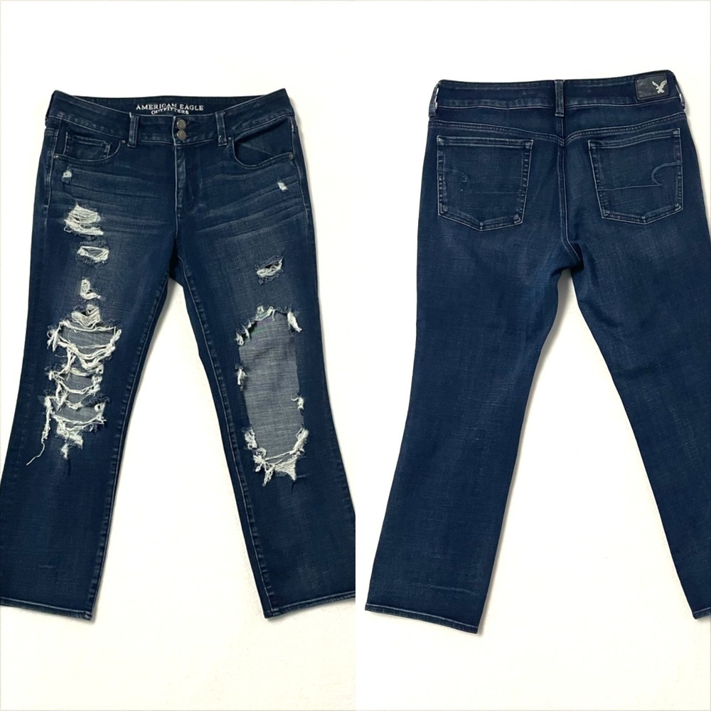 American Eagle Artist Crop Jeans Womens 12 Dark Wash Good Distressed Shredded X4 - Picture 2 of 7